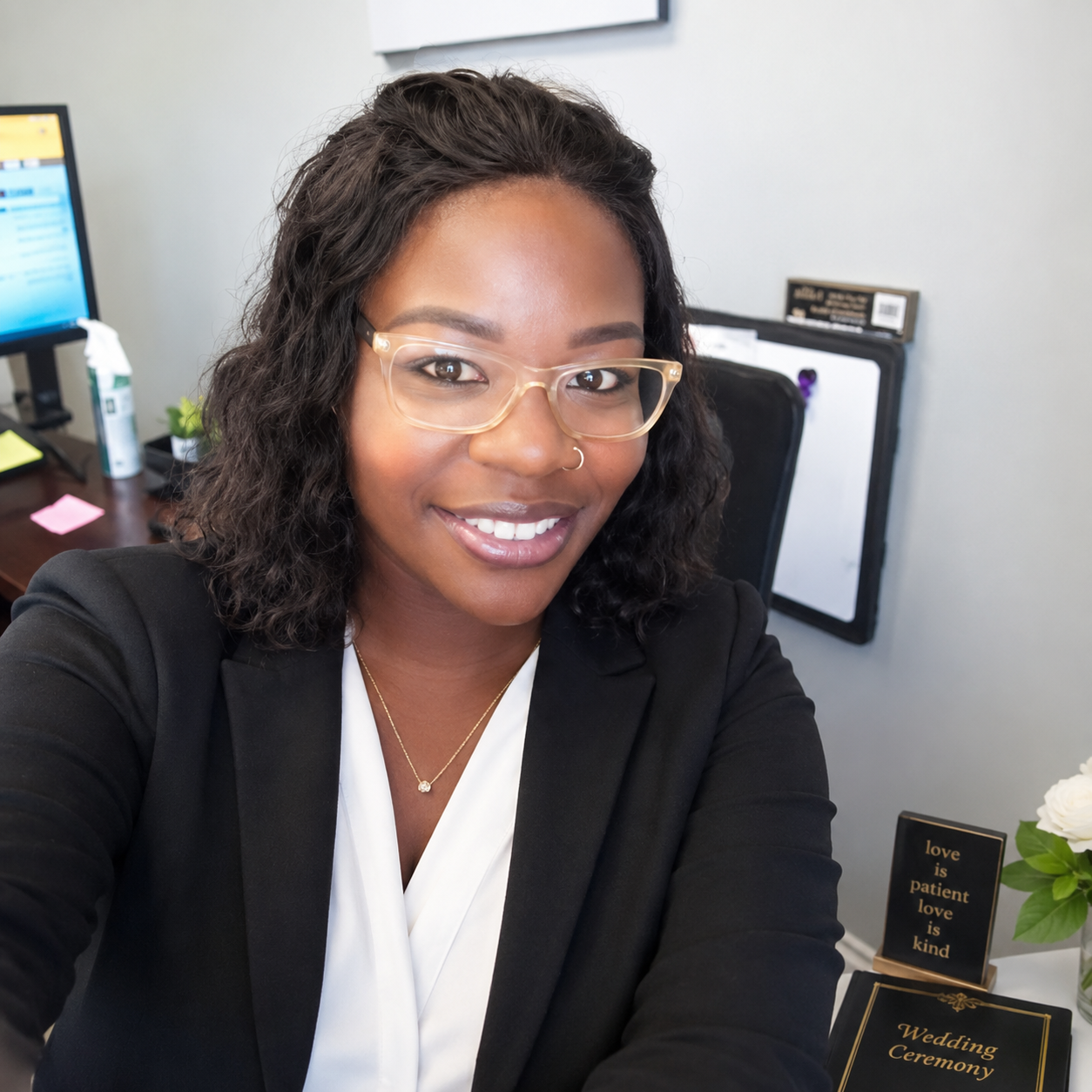 Angelica, founder of Made Matrimony, smiling at her desk